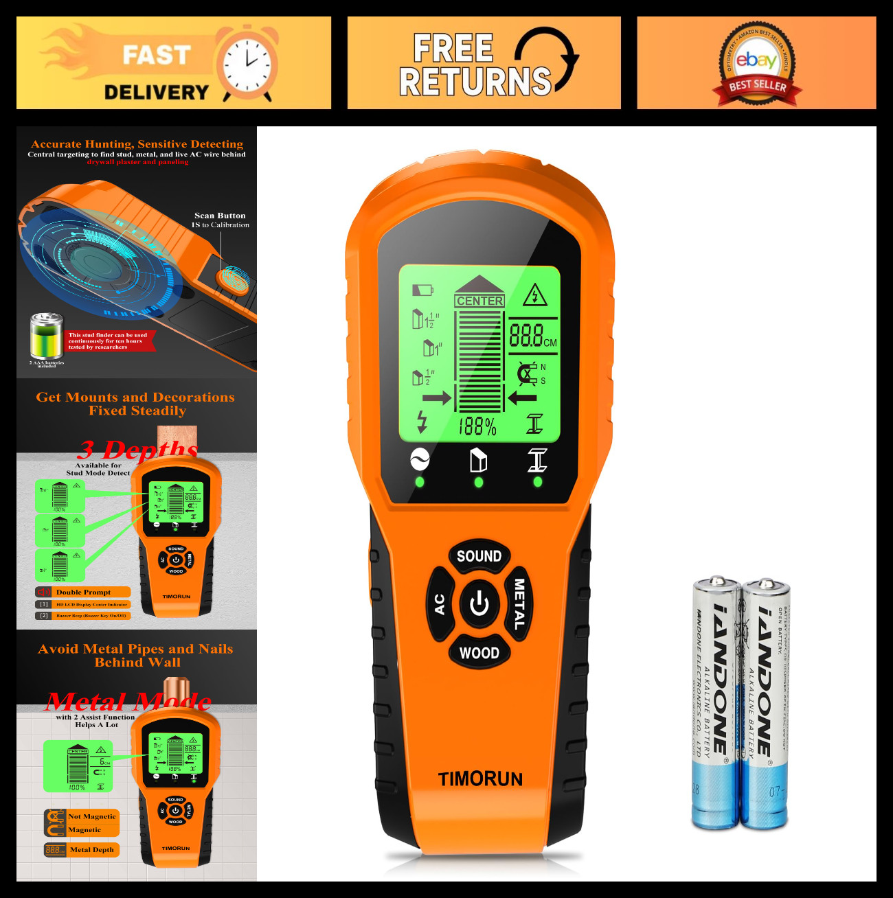 6-in-1 Wall Stud Finder Scanner Tool - Detects Wood, Metal, AC Wires, Drywall, D