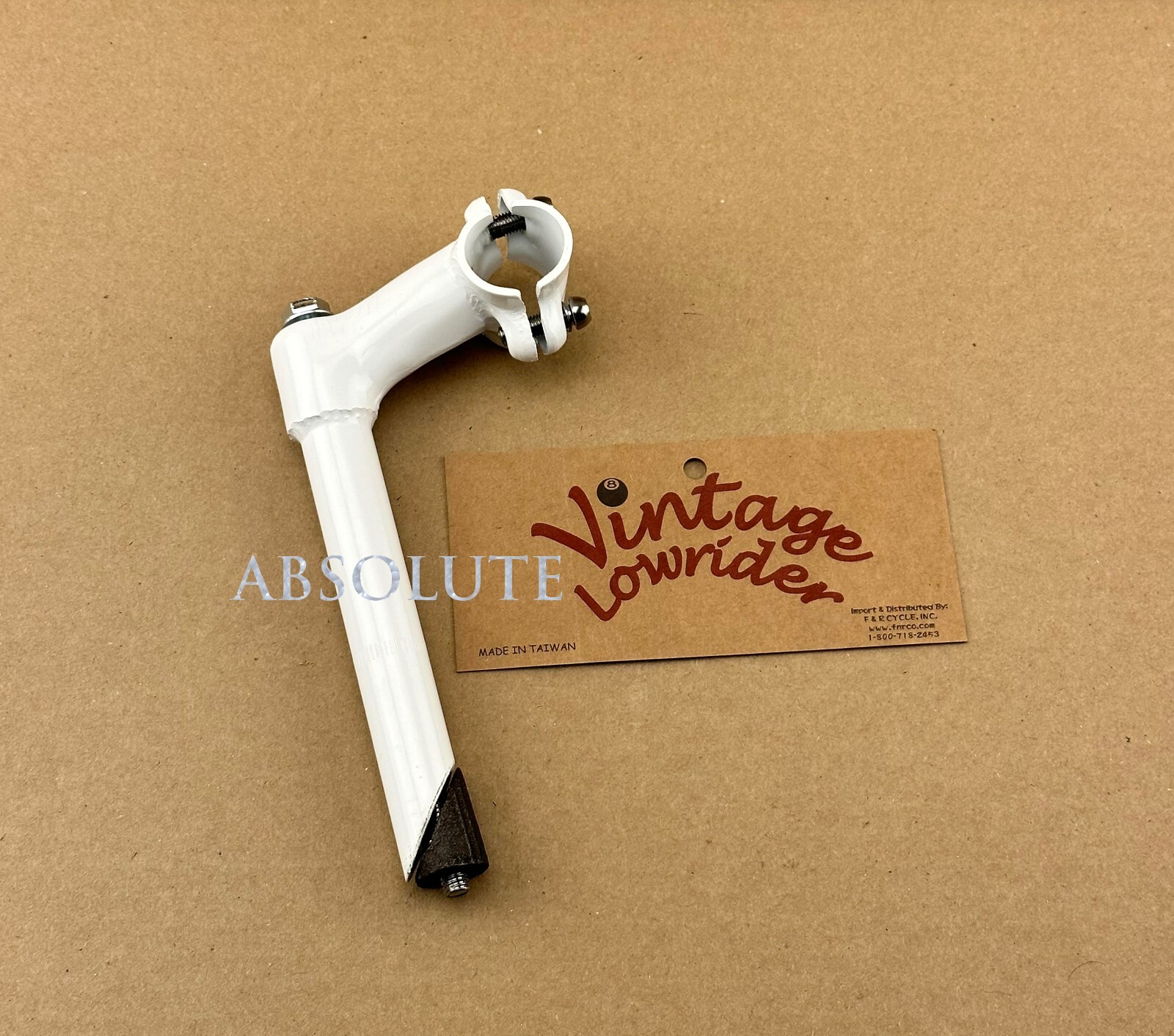 GENUINE VINTAGE LOWRIDER STEEL STEM (SIZE 22.2MM) W/ 2 BOLT KP-3 IN WHITE.