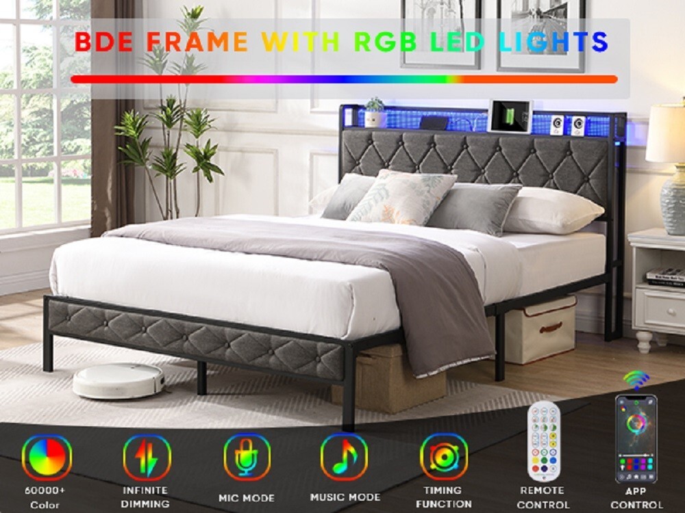 Full Size Bed Frame w/ LED Headboard, Storage & Platform, Outlet, USB Ports