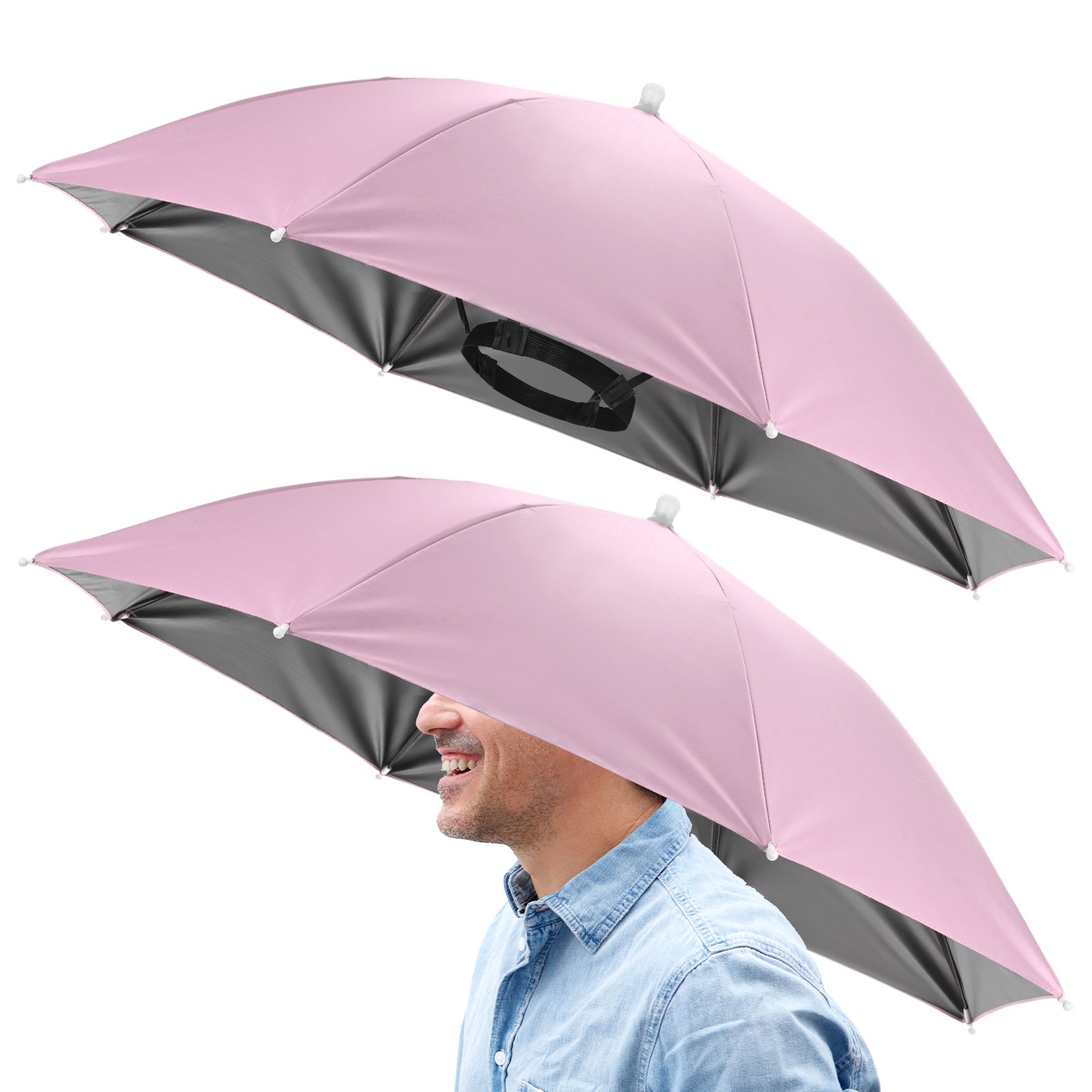 2 Pcs 26" Headband Umbrella Hat Black Glue Umbrella Cap for Outdoor [Pink]