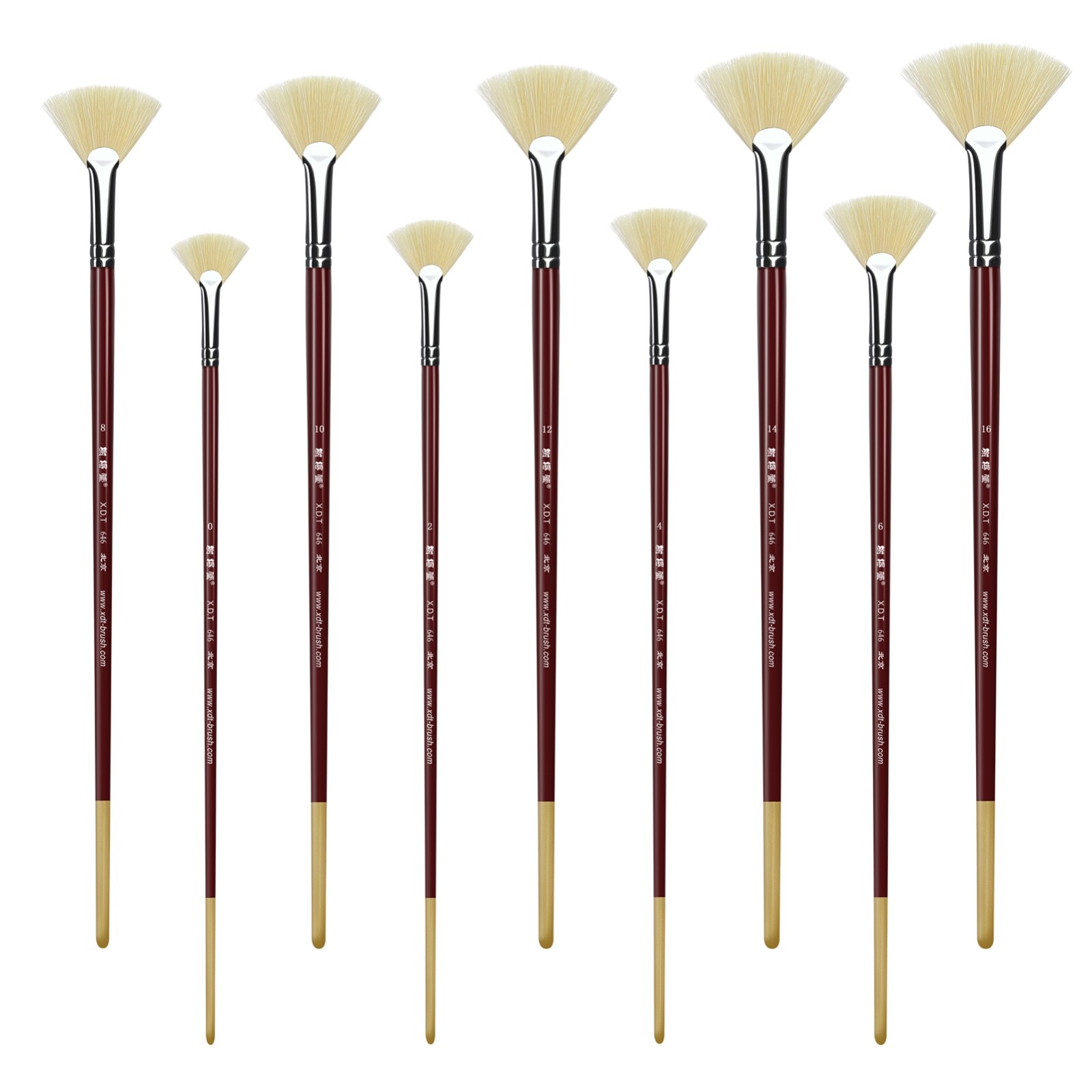 XDT#646 Fan Art Brush 9Pc #0#2#4#6#8#10#12#14#16 Hog Acrylic Oil Watercolor