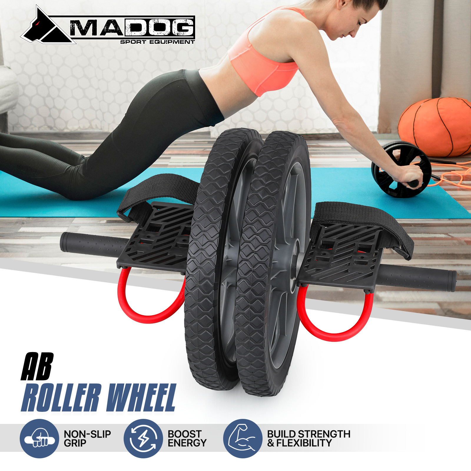 AB Roller Wheel Abdominal Core Training Fitness Exercise Equipment w/Foot Straps