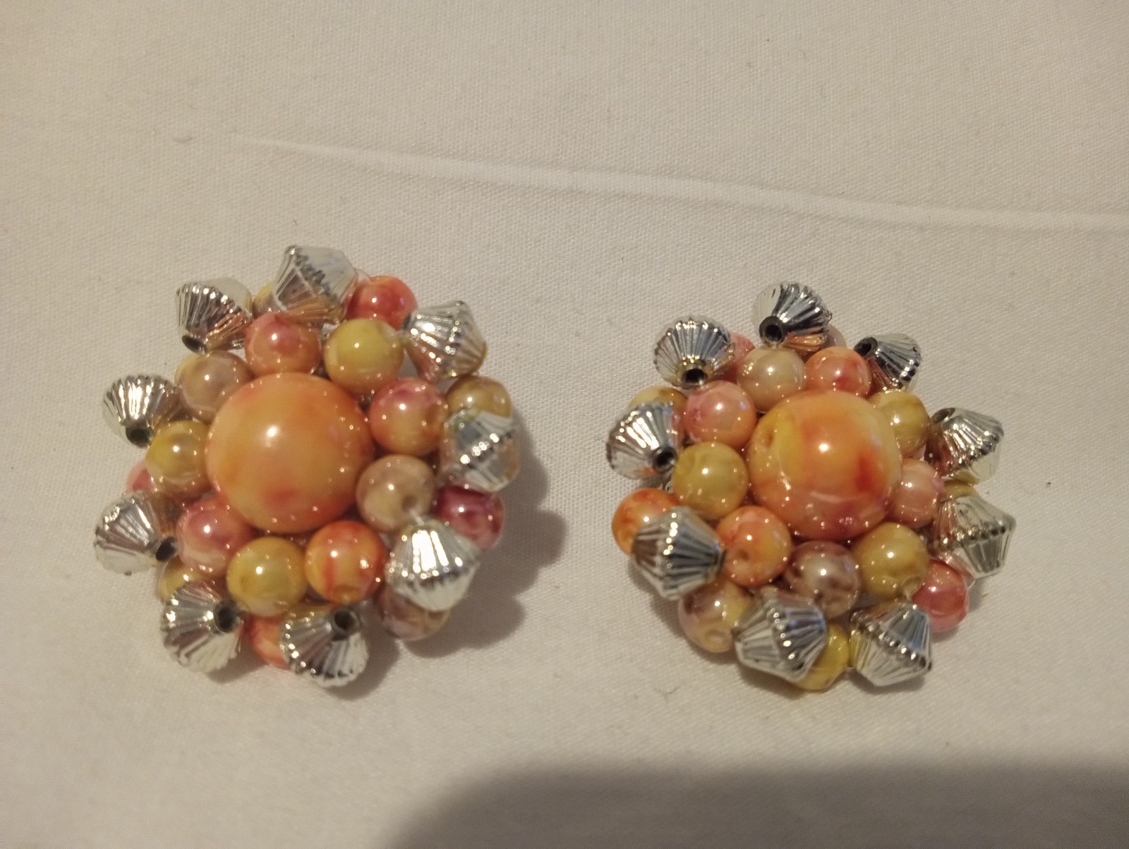 Vintage Silver Tone & Marbled Pink Clip On Earrings 1 1/4 Inches