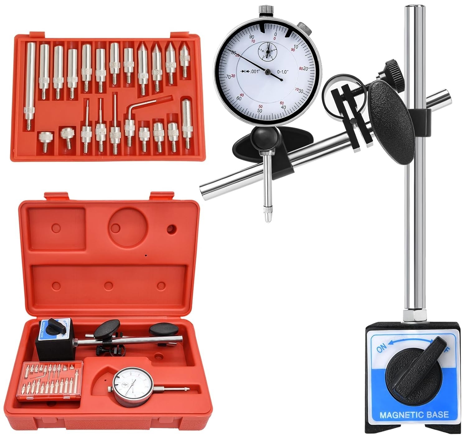 Professional Dial Indicator Set with Magnetic Base 0-1" .001" Range