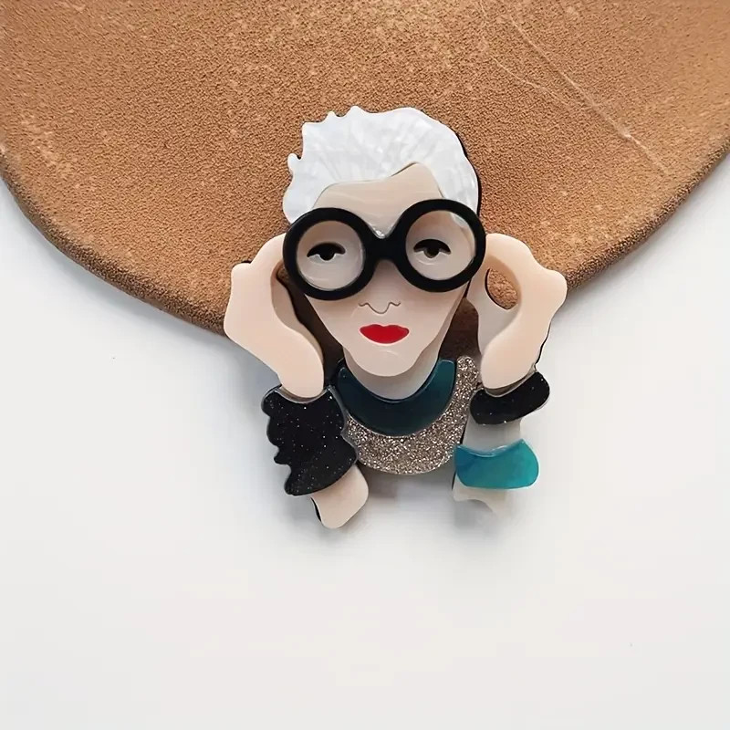 Modern Acrylic Handmade BROOCH 3D Iris Apfel Lady Glitter white hair Fashion Ico