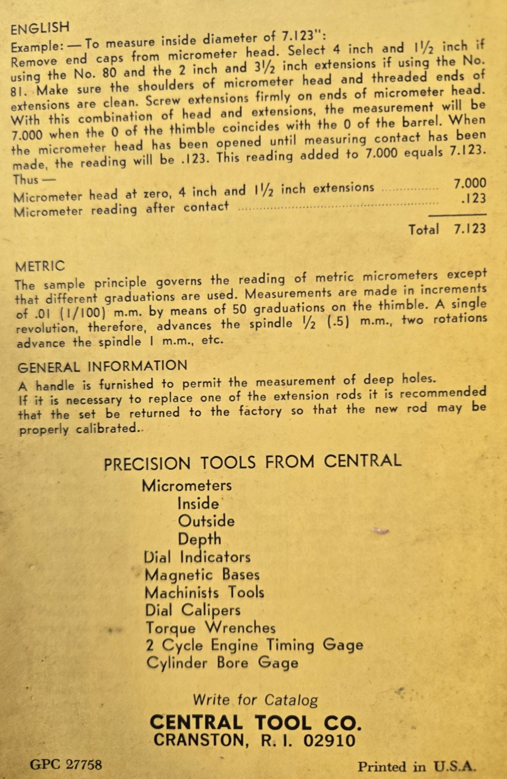 Central Tool Co. INSIDE MICROMETER Tubular Type Set No. 80 in Original Case