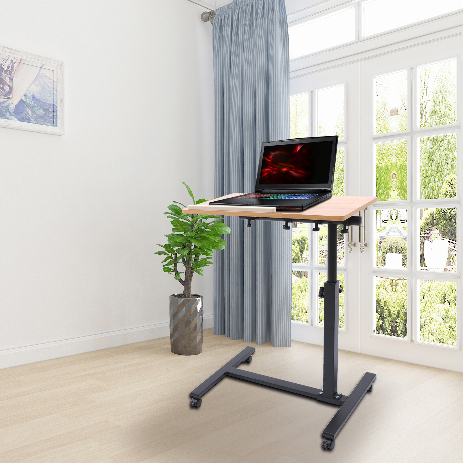 Adjustable Rolling Laptop Desk Mobile Computer Stand Bed Side Table Office Desk
