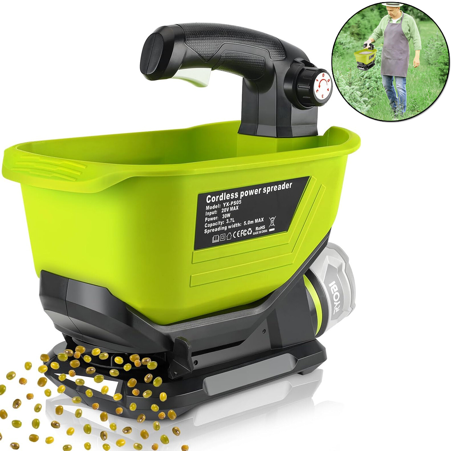 Seed Spreader for Ryobi 18V Li-ion Battery Handheld Power Spreader 3.7L Hopper