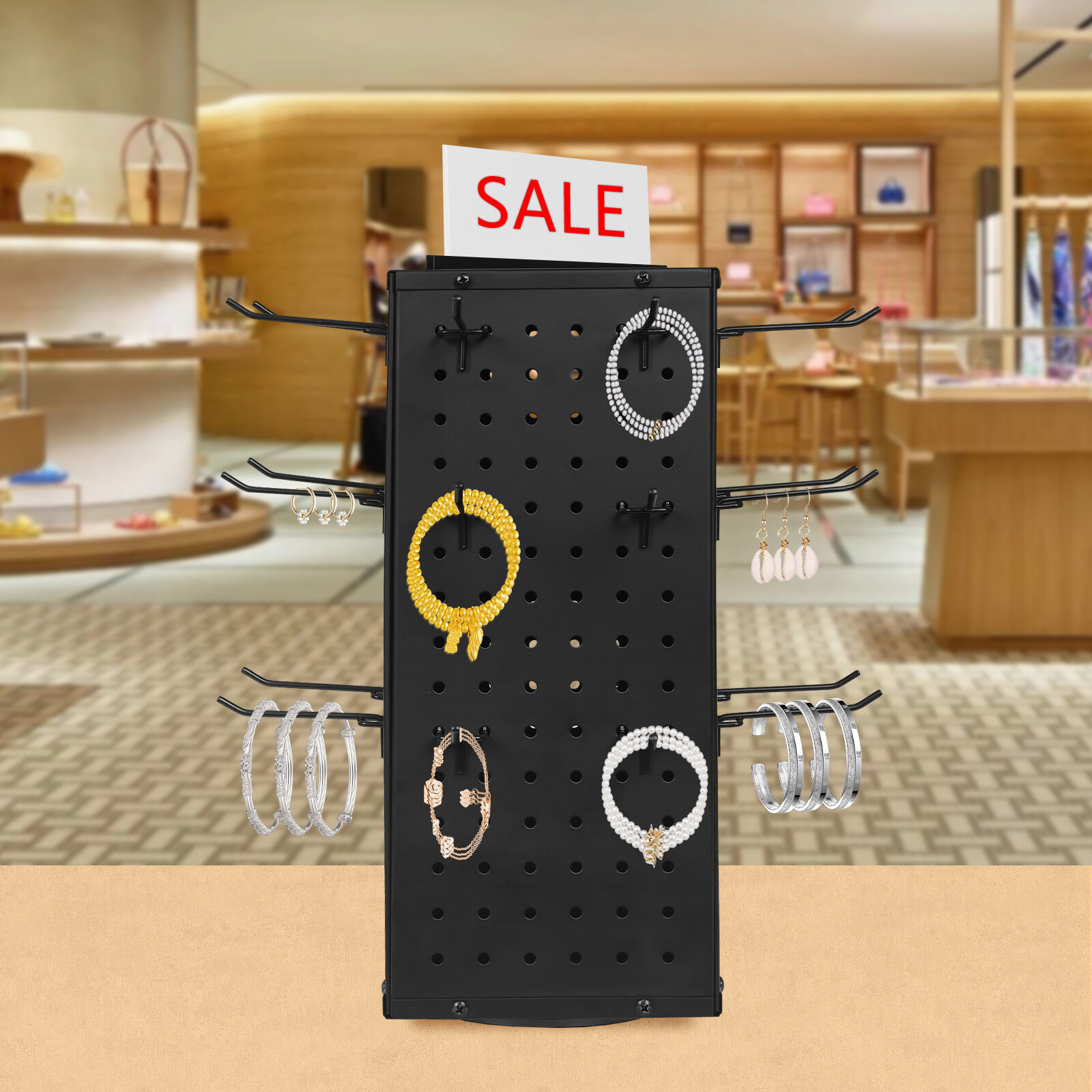 Rotating Pegboard Display Stand with 24 Hooks - 4-Sided Metal Spinning Peg Board