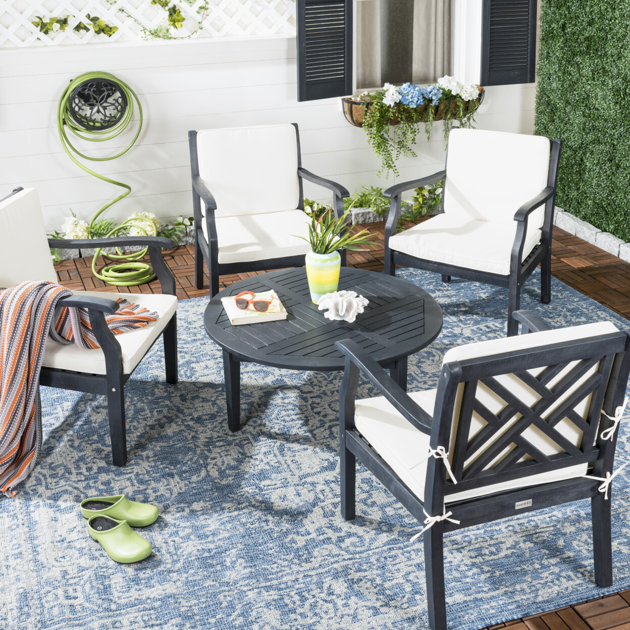 SAFAVIEH Outdoor Collection Anaheim 5-Piece Coffee Set | Dark Slate Grey/Beige |