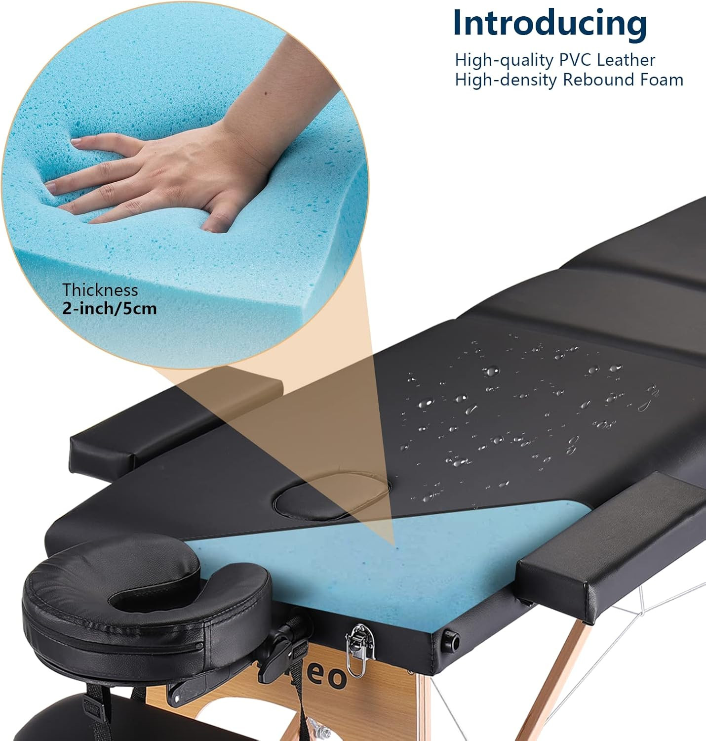 Portable 3-Section Massage Table with Adjustable Height & Accessories - Black