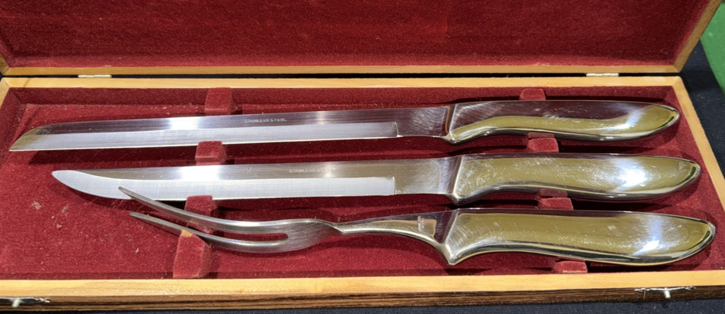 Stainless Steel Carving Set In Red Velvet Wooden Case