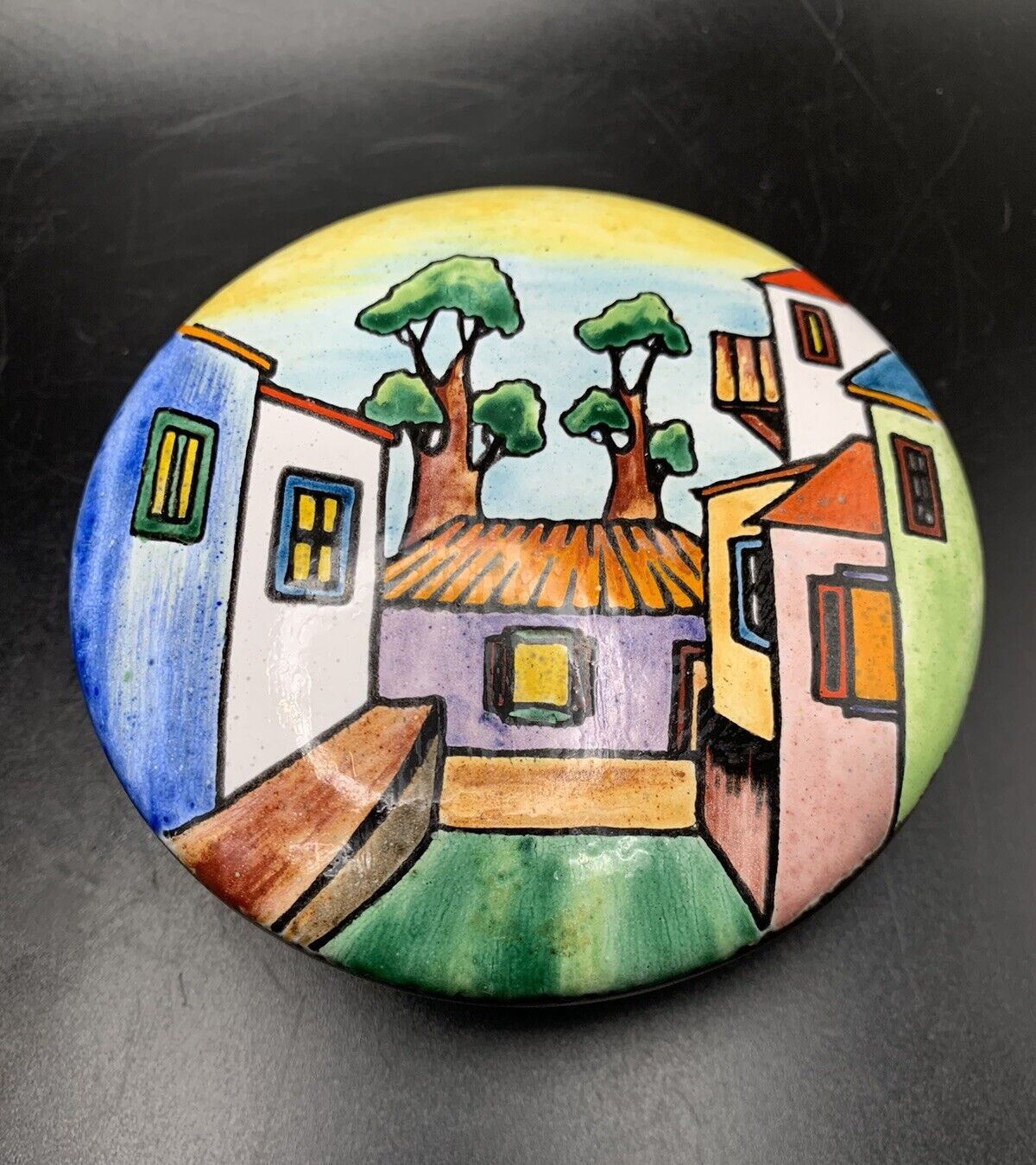 Vintage Enamel on Copper Trinket Keepsake Box Colorful Streetscape Round