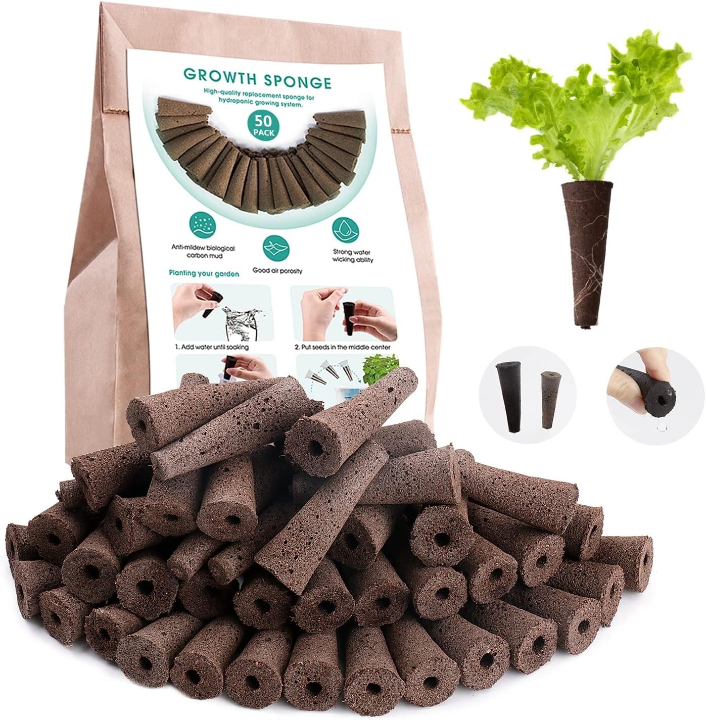 50 Pack Grow Sponge Hydroponics Replacement Seed Starter Pods Plug Root Growth