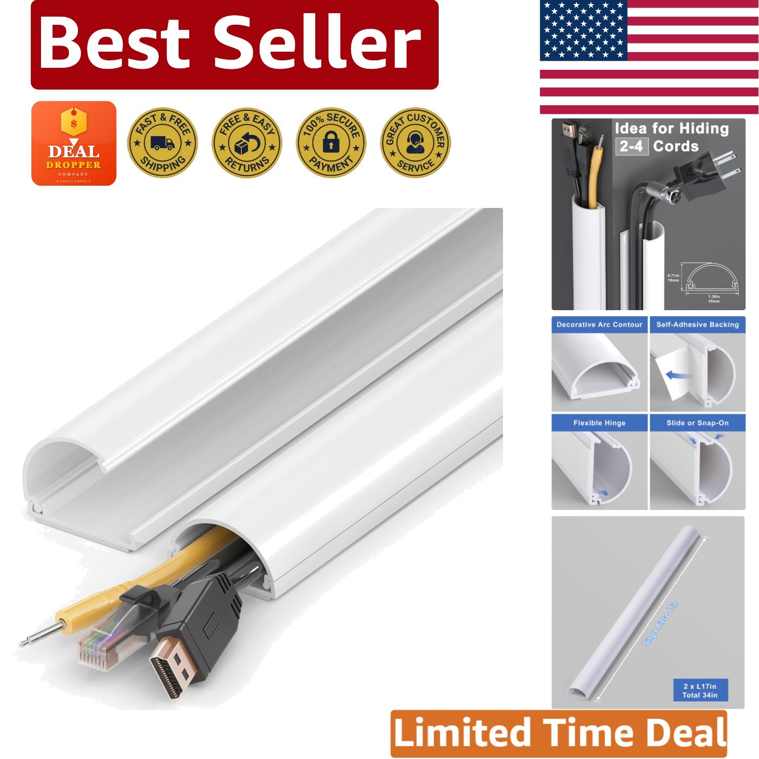 Self-Adhesive 34in Cord Covers for Seamless Cable Management - Customizable