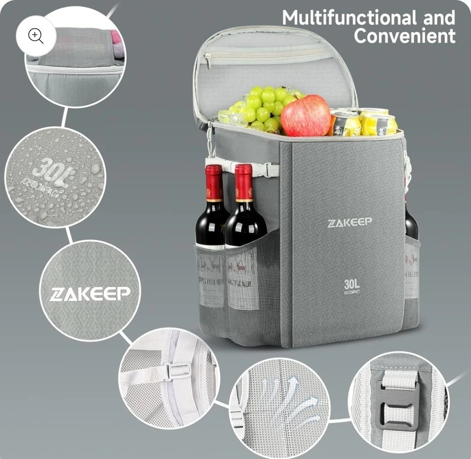 ZAKEEP Cooler Backpack, 39 Cans Large Capacity Anti-Leaking Cooler Backpack Gray