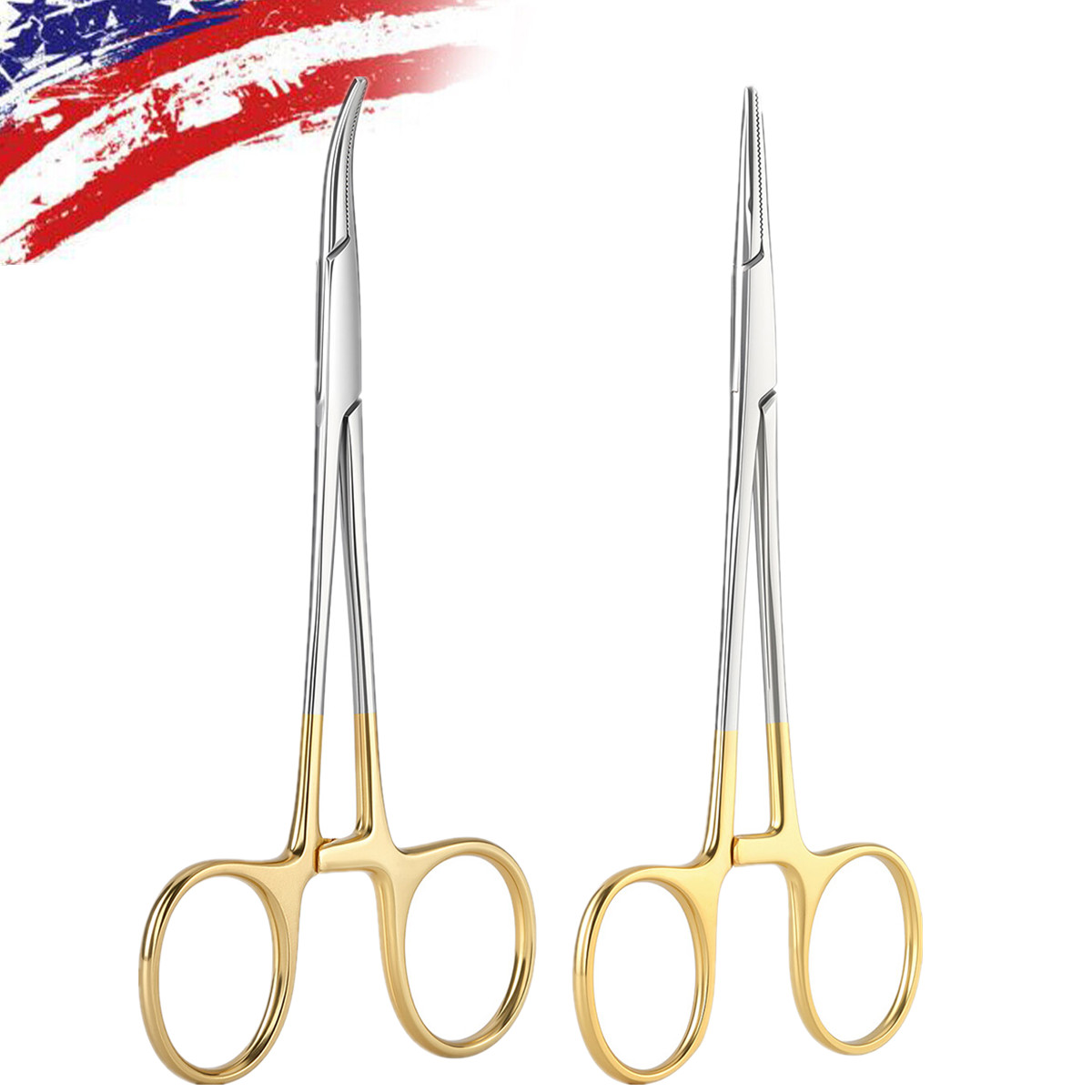 AZDENT Dental Hemostat Locking Forceps 12.5cm Golden Curved Surgical Instrument