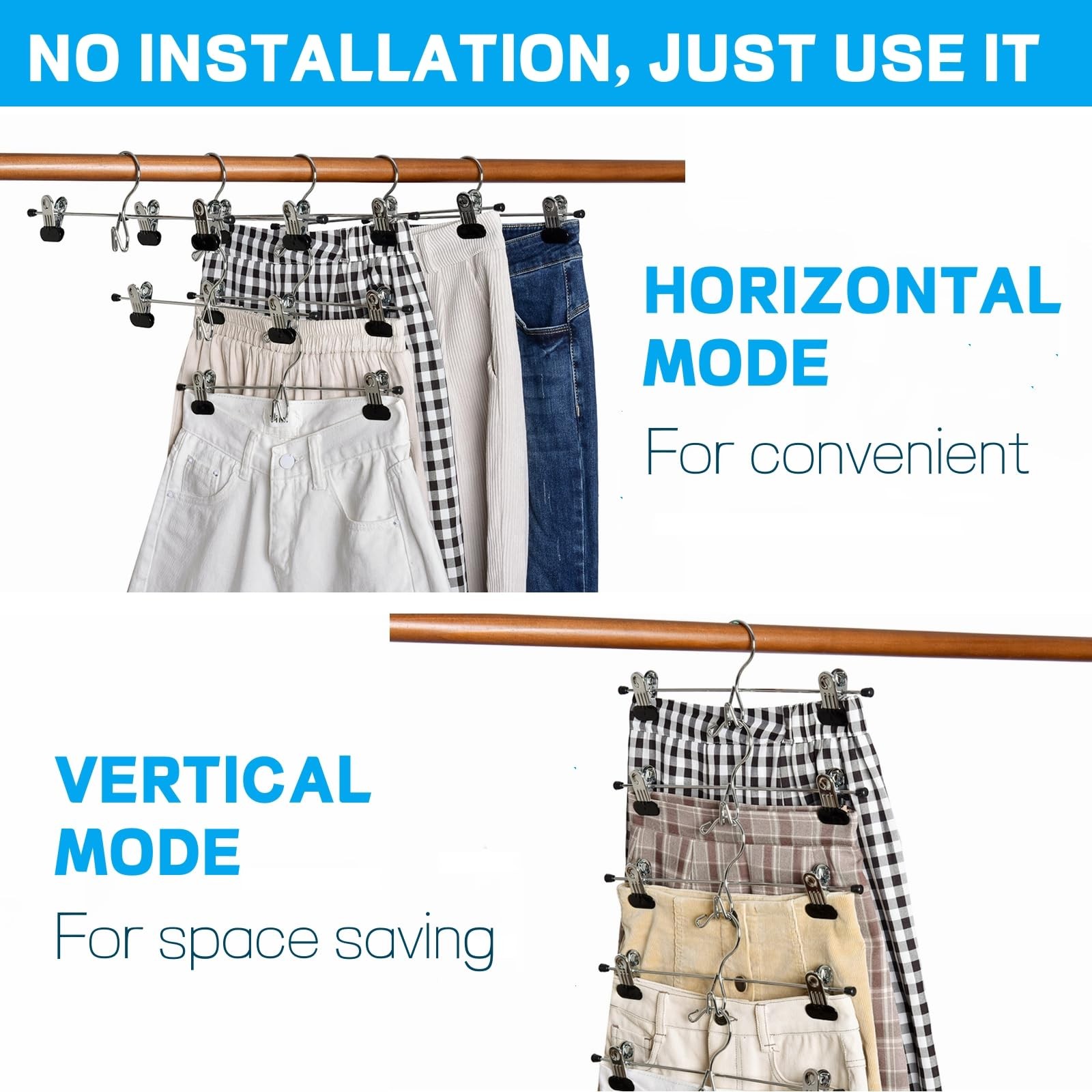 Amber Home 20 Pack Heavy Duty Metal Pants Skirt Hangers, Stackable, Adjustabl...