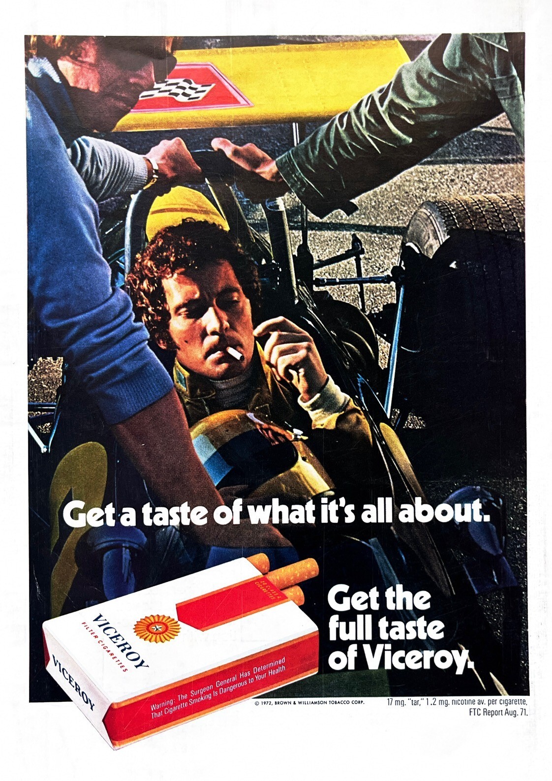 1972 VICEROY Genuine Vintage Print Ad Cigarettes Auto Racing Scene