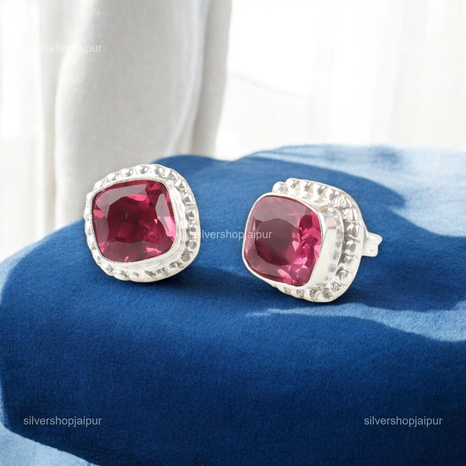 925 Silver Natural Pink Tourmaline Stud Womens day Mother Heart Chakra Earrings