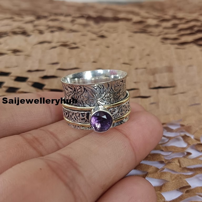 Boho 925 Sterling Silver Amethyst Ring Handmade Spinner Band Ring All Size SR807