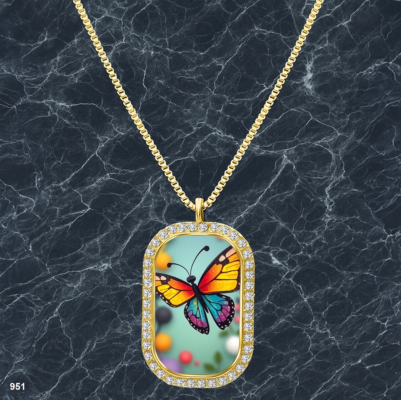 Gorgeous Colorful Butterfly Pendant Necklace Printed Design Lovely Gold Tone Epi
