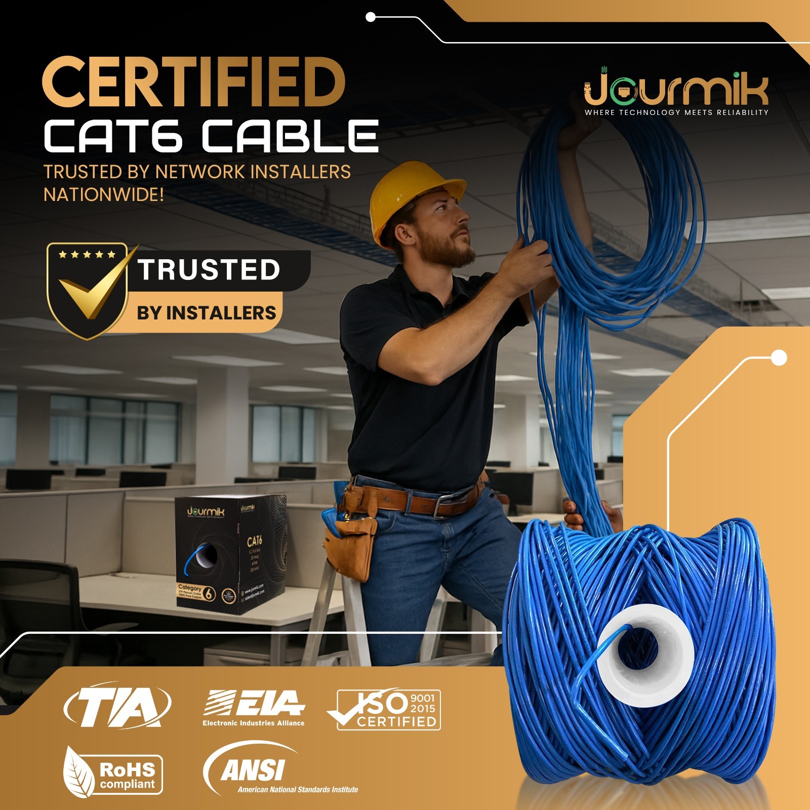 Jourmik CAT6 Plenum 1000FT 100% Pure Copper CMP Rated Bulk Ethernet Cable