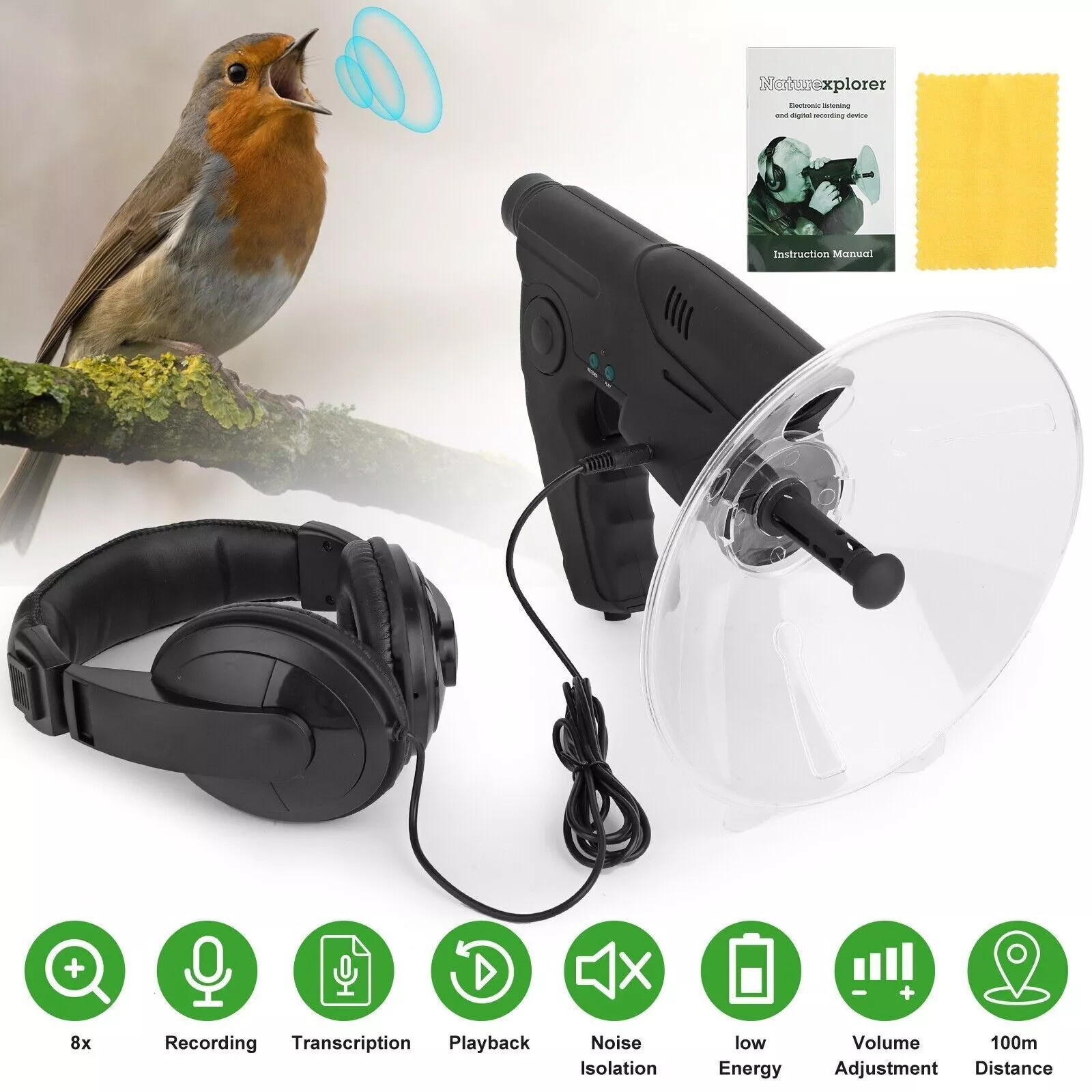 Parabolic Microphone Monocular Bionic Ear Birds Listening Device UP To 300FT US
