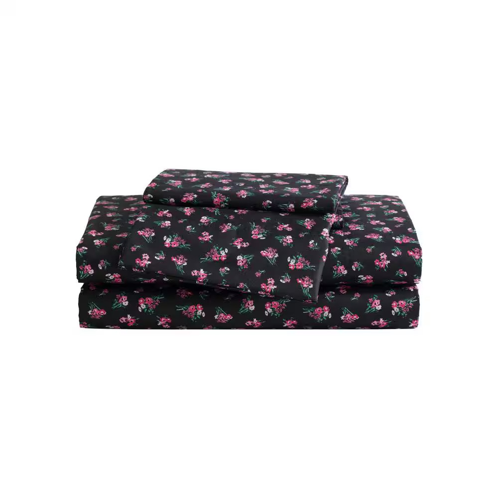 Bouquet Ditsy 4 Piece Black/Mauve Microfiber Full Sheet Set Free Shipping New