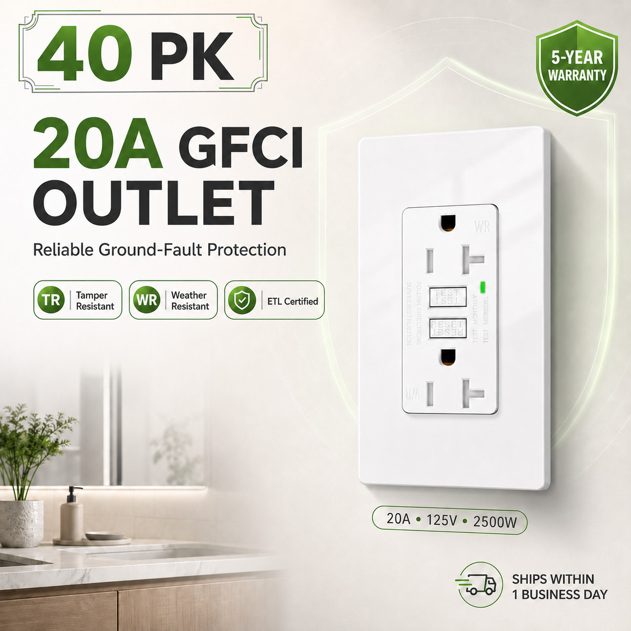 20 Amp GFCI Outlet with LED Indicator TR WR Receptacle for Indoor Outdoor 40PK