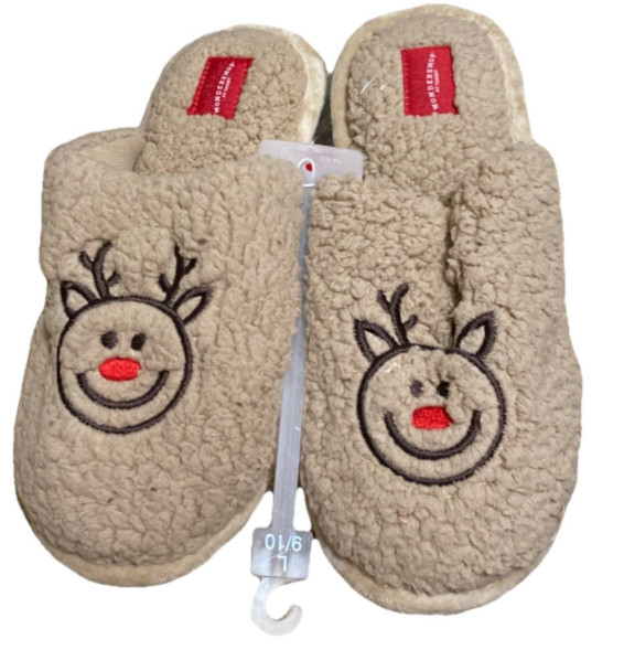 Reindeer Happy Face Scuff Slippers - Brown  Adult - kids