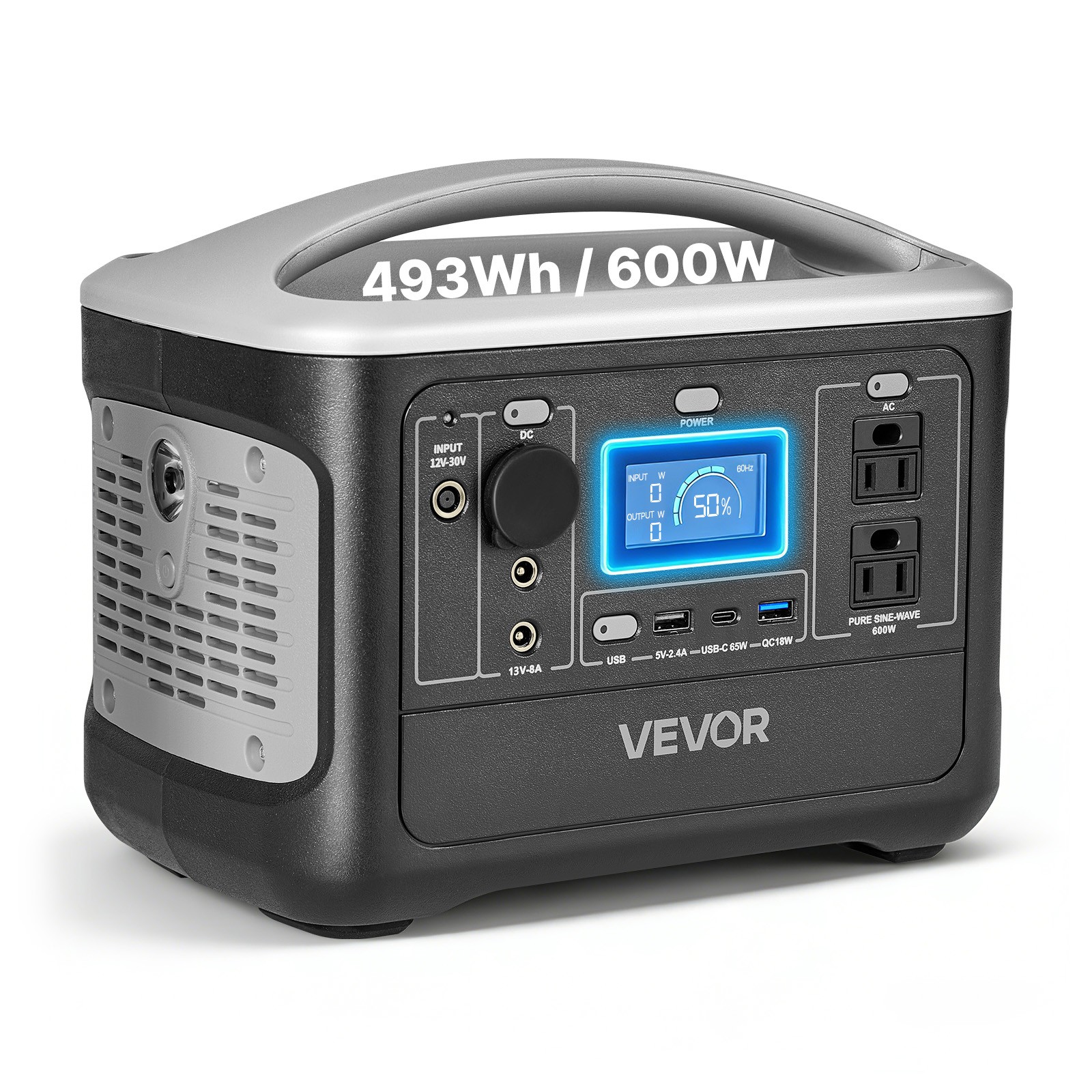 VEVOR Portable Power Station 600W 493Wh Solar Generator for Home Camping Travel