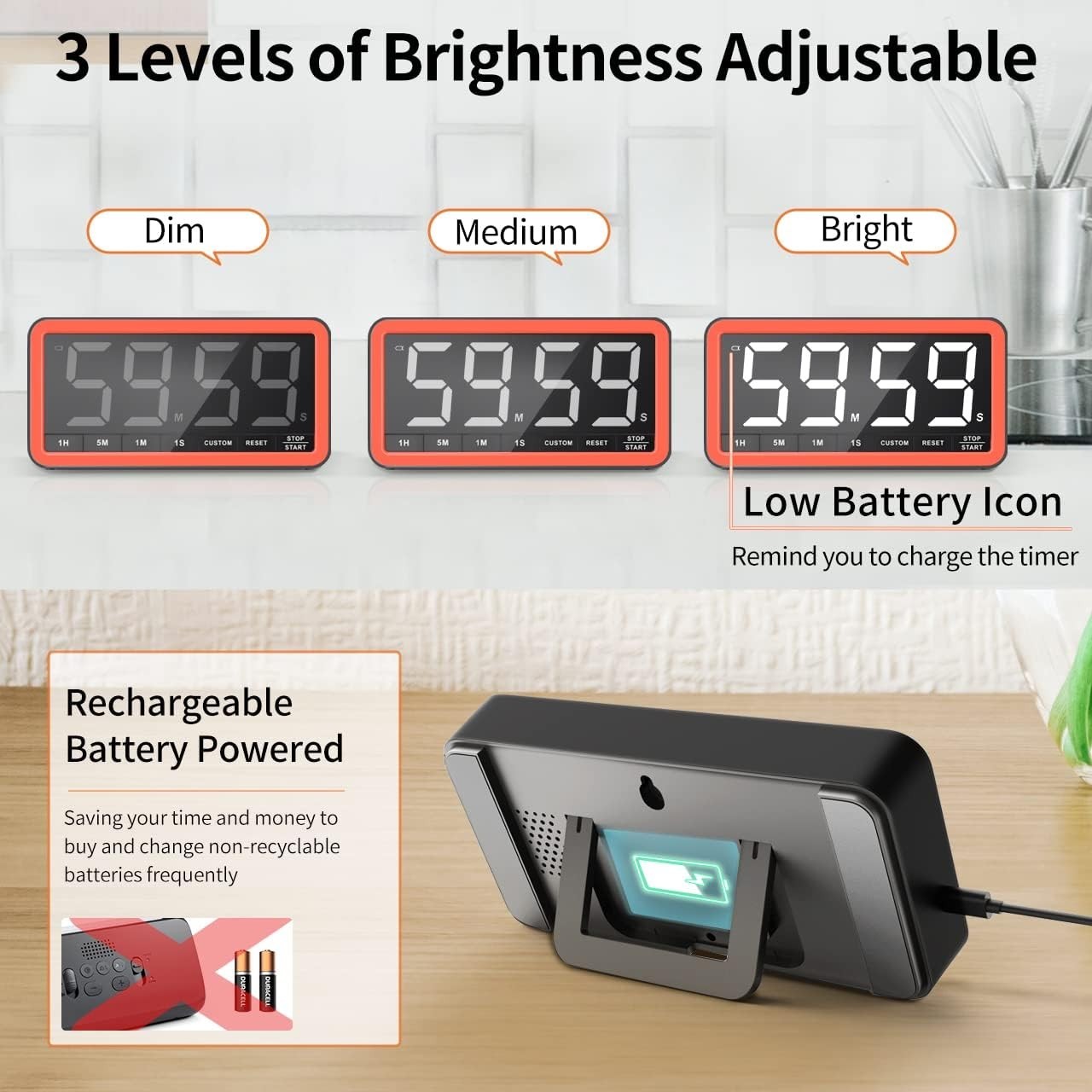 Extra Large 7.8” Digital Kitchen Timer with USB-C, 4 Alarms & 3 Brightness Modes