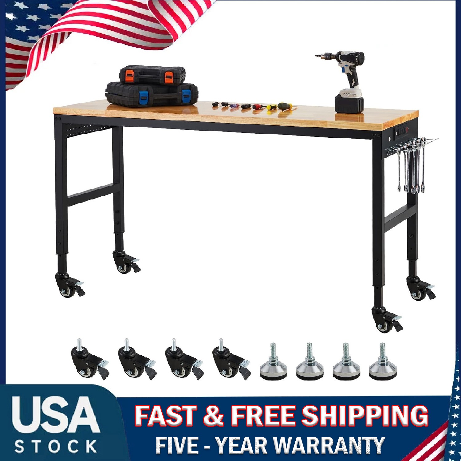 72" Adjustable Workbench 2000LBS Load Heavy Duty Garage Worktable w/Power Outlet