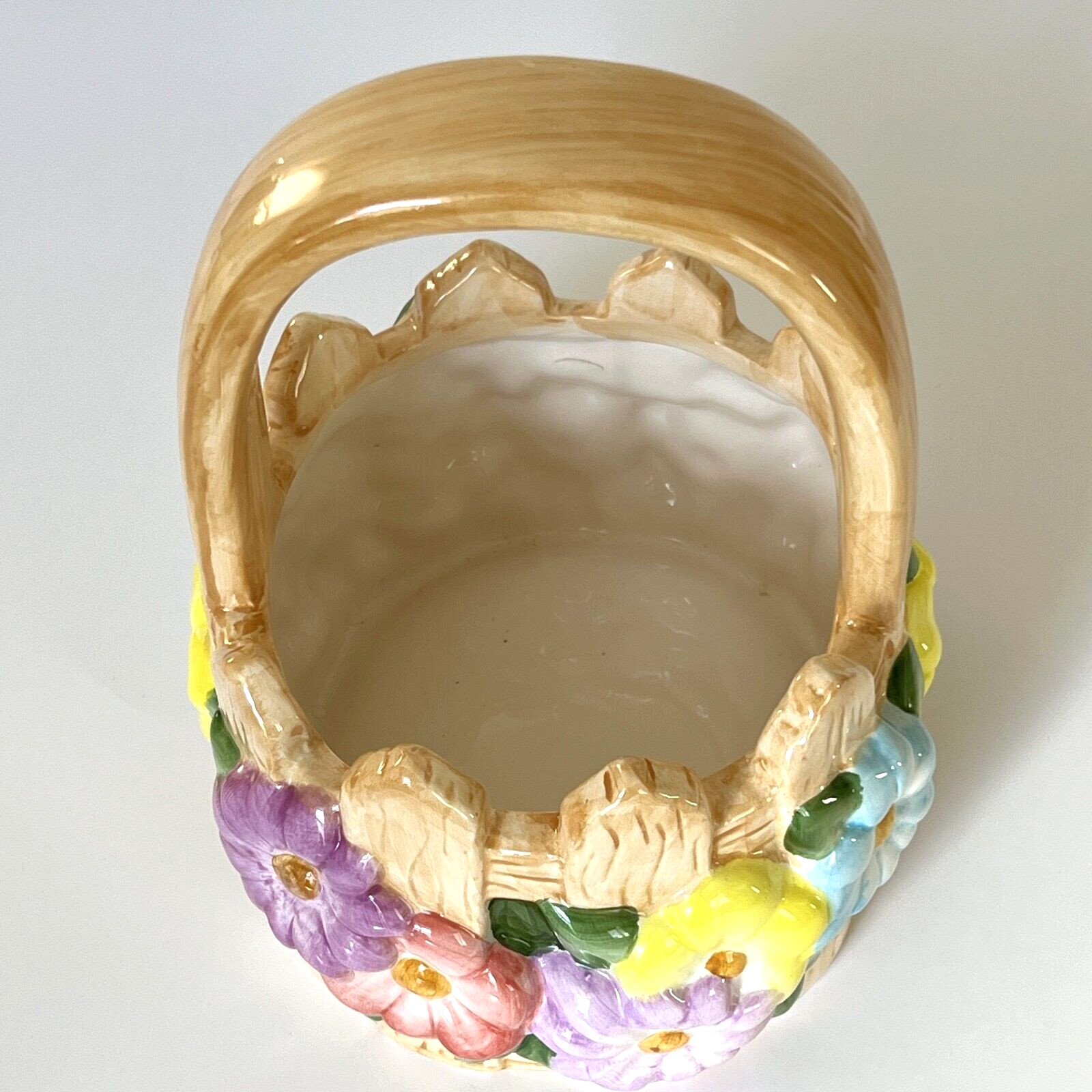 Ceramic Basket Planter Easter Spring Picket Fence Multicolor Spring Flowers