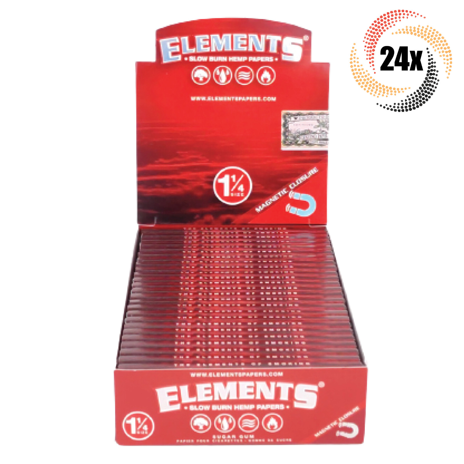 Full Box 24x Pack Elements RED 1 1/4 1.25 | 50 Papers Each | + 2 Rolling Tubes