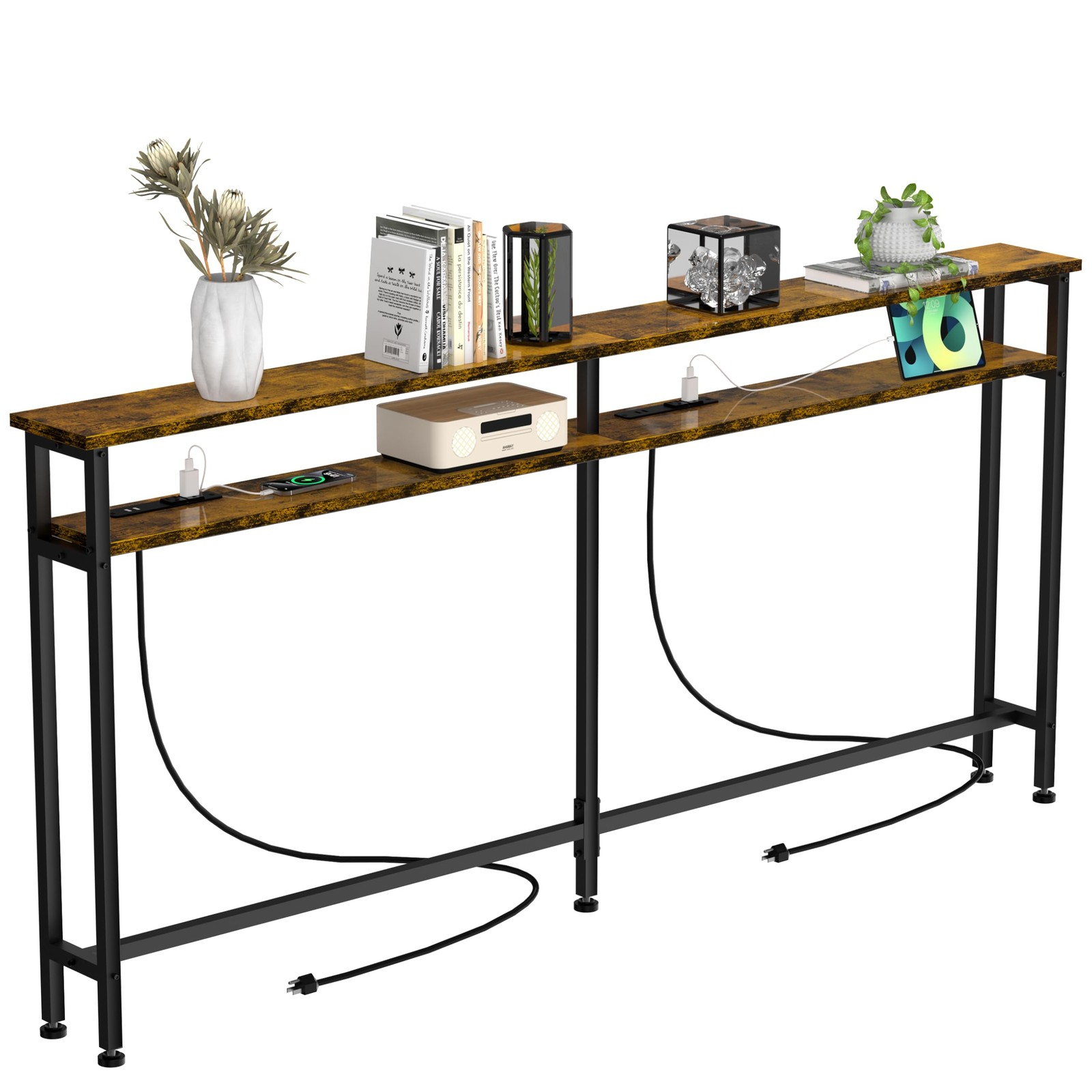 Keelian 78 Inch Double-Layer Narrow Console 78" double-deck, Rustic Brown