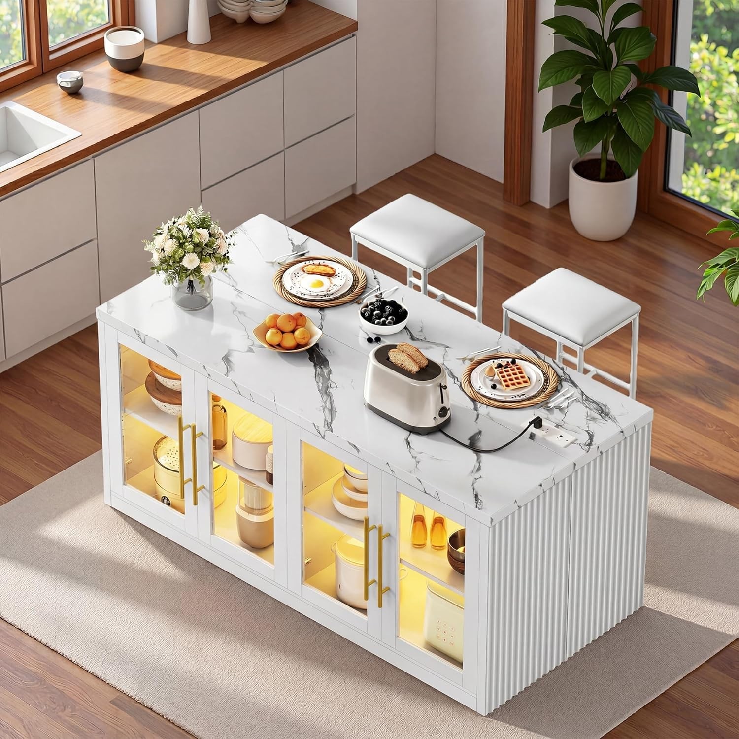Large Kitchen Island with Storage & LED Light, Rolling Breakfast Bar Table