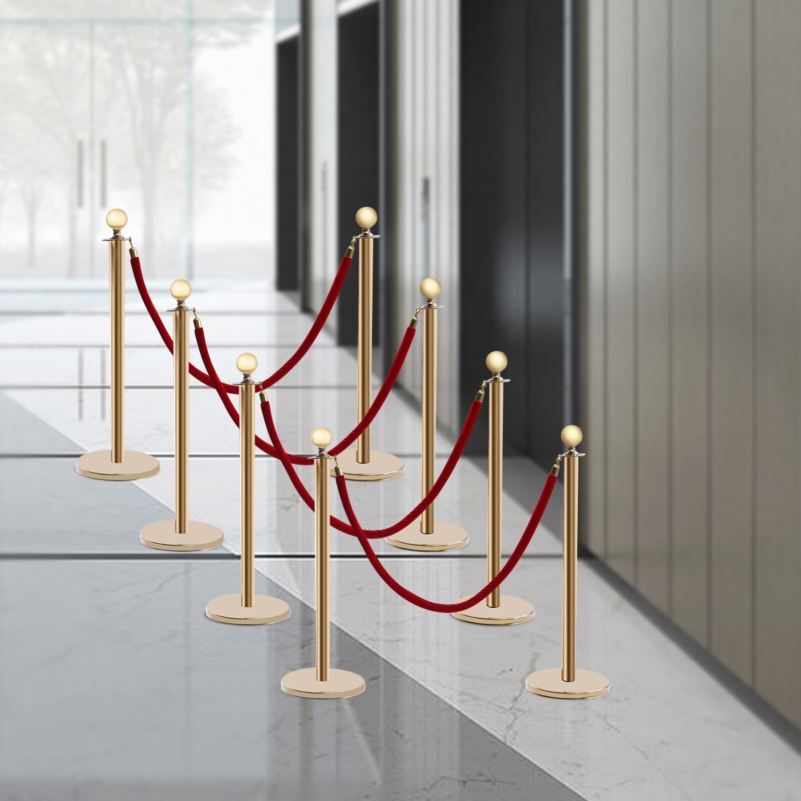 8 PCS Crowd Control Stanchion Gold Posts Set with Red Velvet Rope Queue Barrier