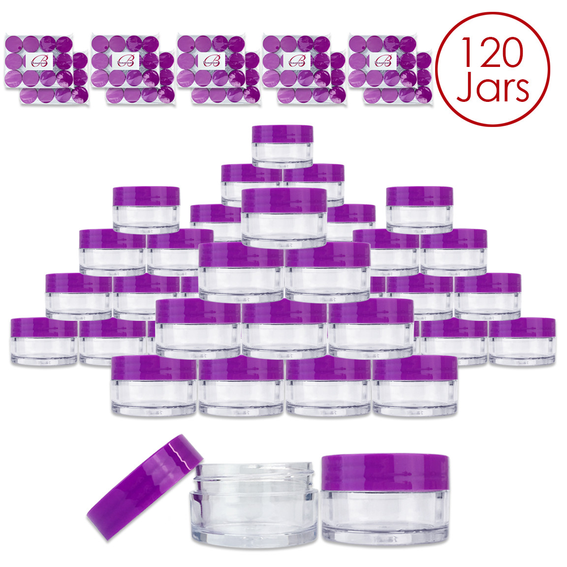 Beauticom® (120 PCS) 20G/20ML Round Clear Plastic Refill Jars with Purple Lids