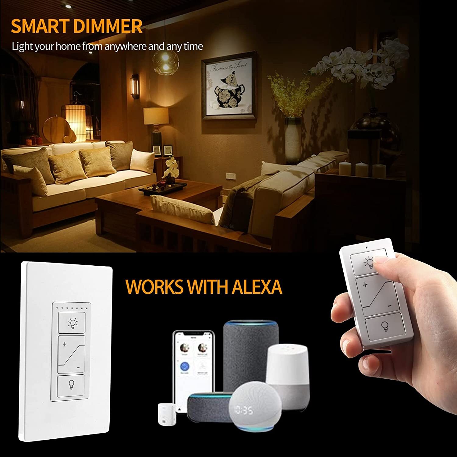 Smart Wireless Light Switch Kit No Wiring Dimmer Remote Control Work with Alexa