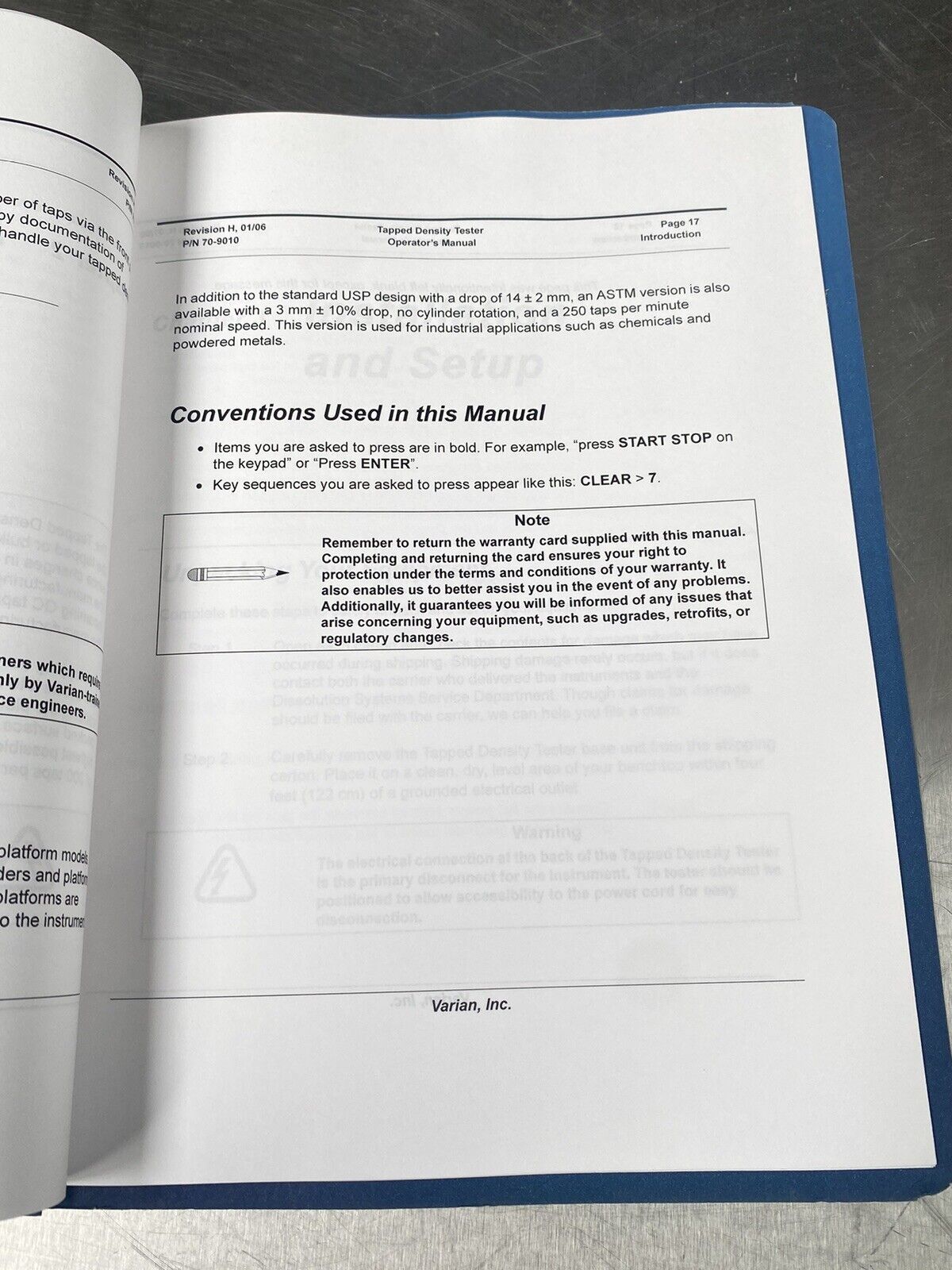 Varian Tapped Density Tester 2006 - Users Manual / Instructions Book