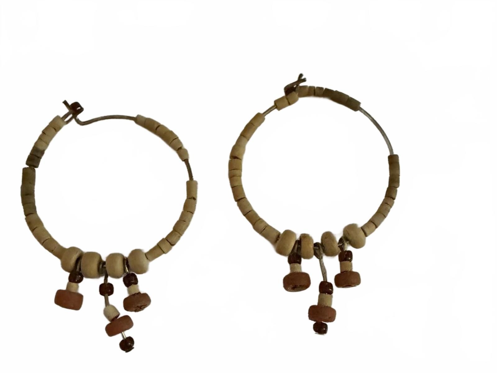 Vintage Handmade Hoop Earrings with Wooden Beads