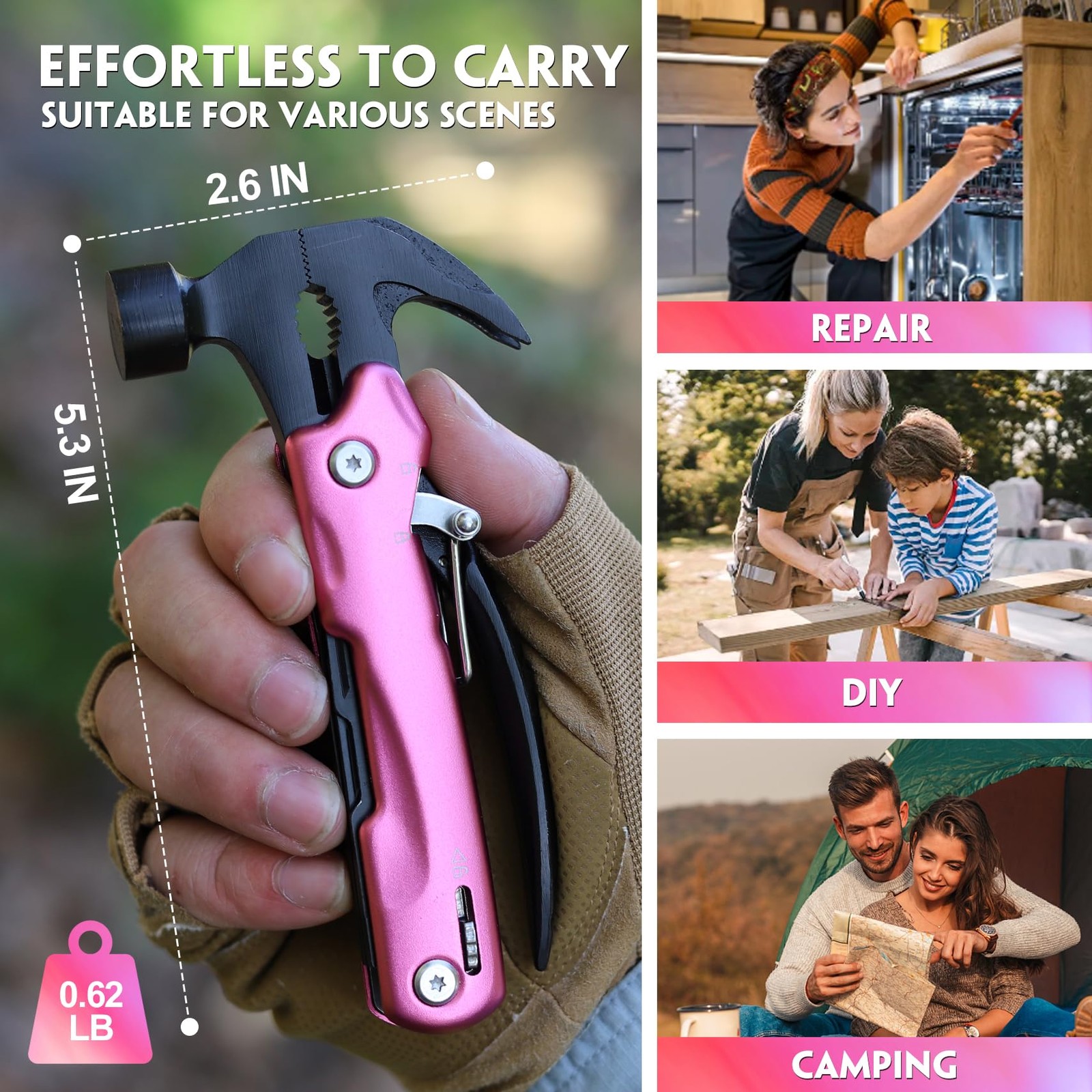 Pink Multitool Hammer Camping Essentials Gear - Stocking Stuffers for