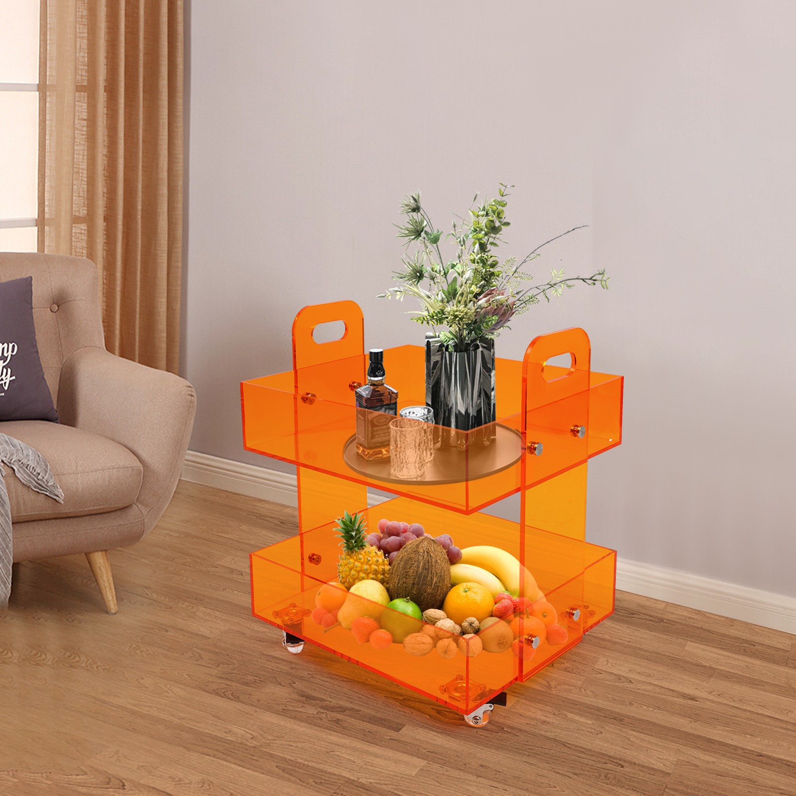 Acrylic Side Table Free Standing Storage Rack with Wheels Modern Bedside Table