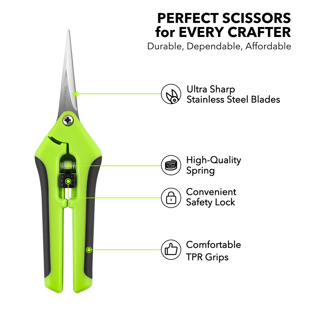 Green Ergonomic Spring Action Scissors Craft Shears with Stainless Steel Blades