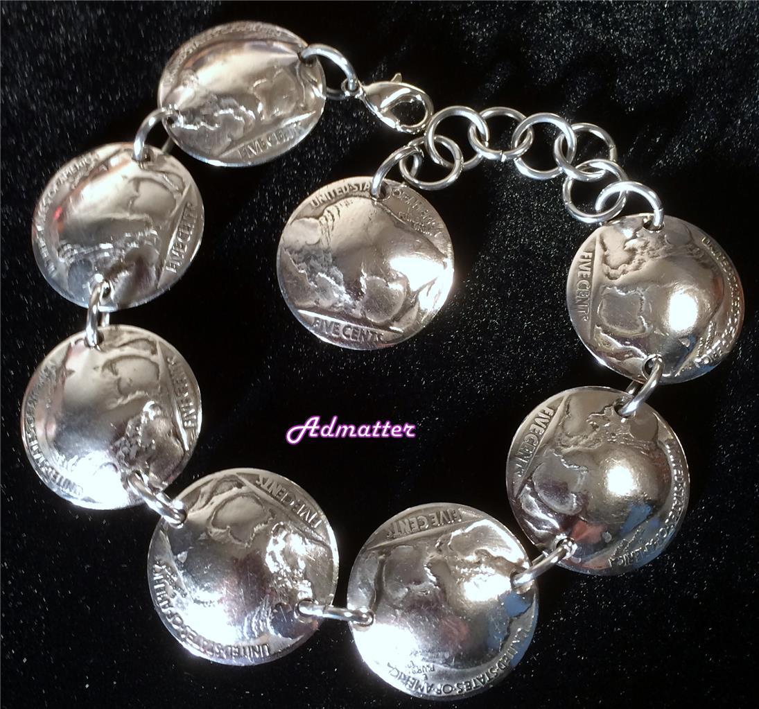 BUFFALO HEAD NICKEL CHARM BRACELET ADJUSTABLE ANTIQUE 1920'S 1930s COIN JEWLERY