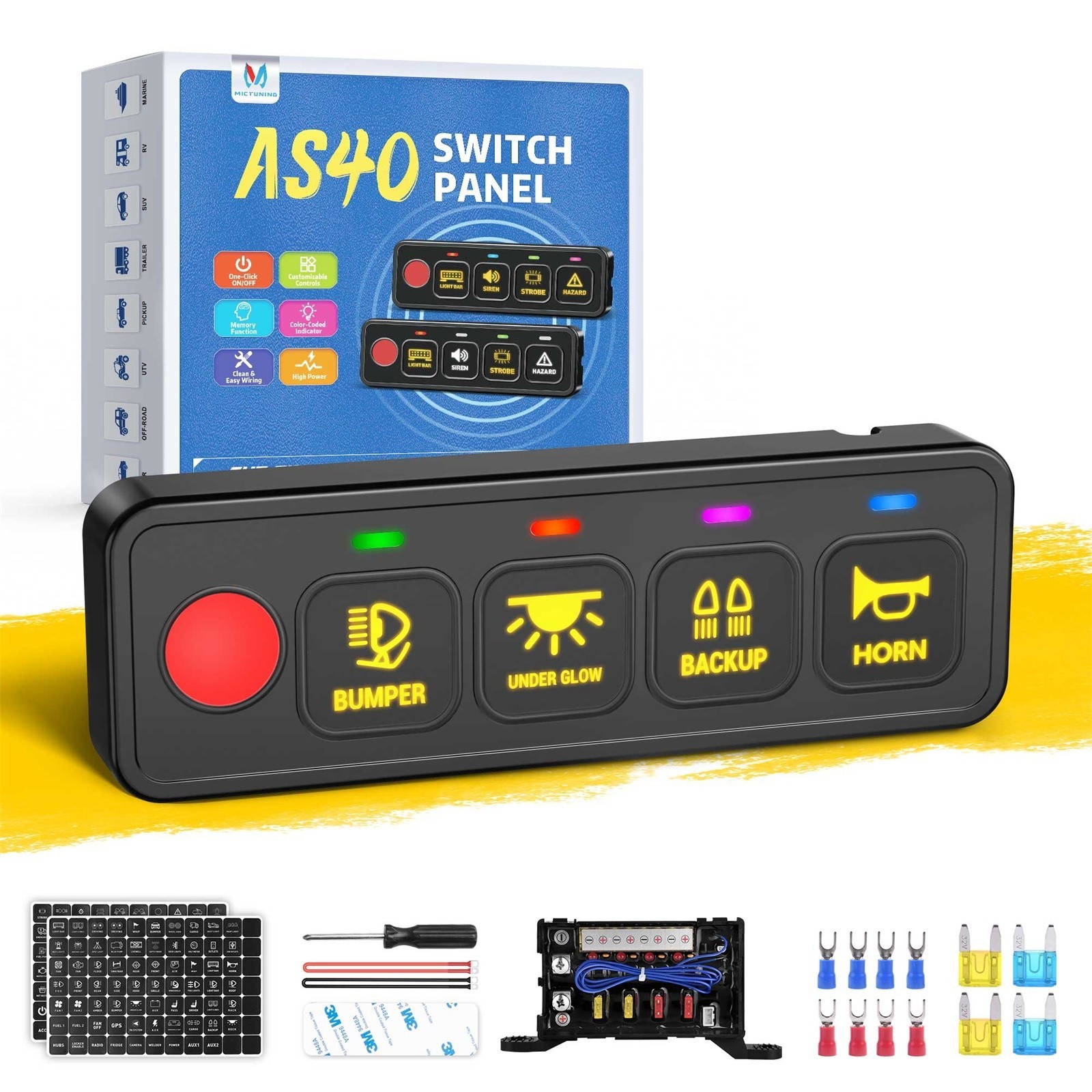 4 Gang Switch Panel LED Light Bar Circuit Control Relay System Pickup SUV 12-24V