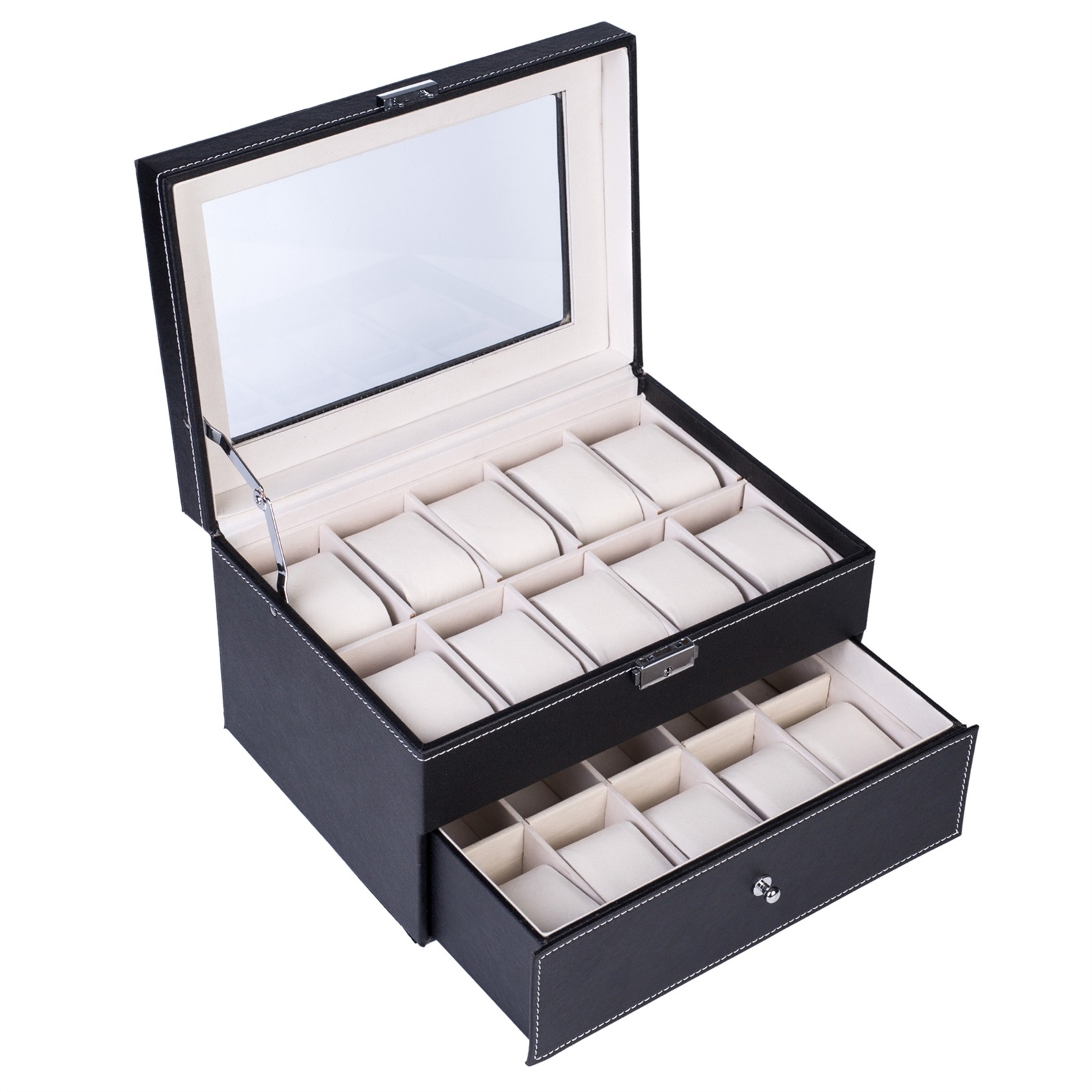 20 Compartments Dual Layers Elegant Wooden Watch Collection Box Black, in stock