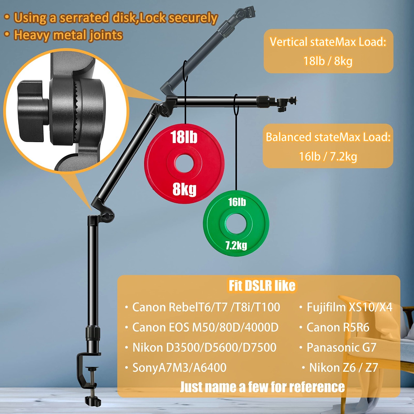 Overhead Camera Mount Desk Stand, 3-Section Flexible Detachable Articulating Arm